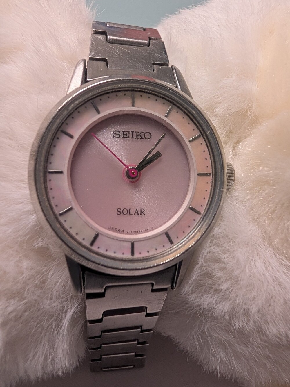 Seiko Pink Dial Silver Bracelet Solar Watch